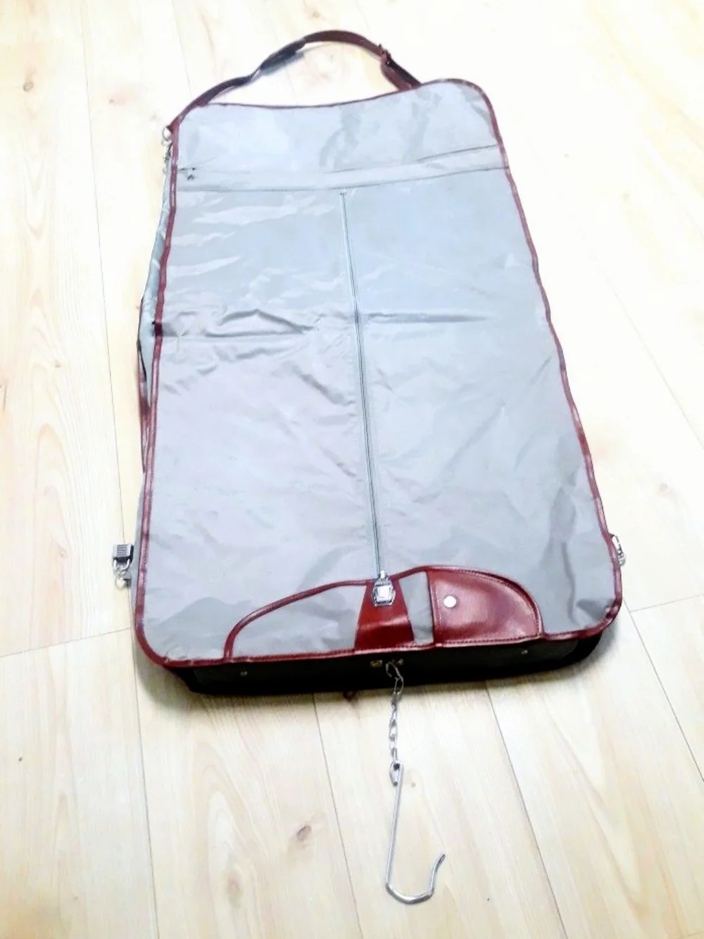 Vintage Collectible Gray and Burgundy American Travel Garment Bag Shoulder Strap